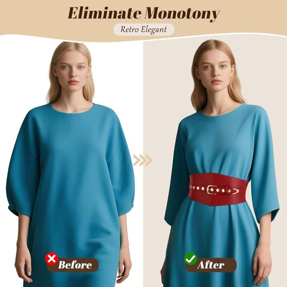 Women Elastic Chunky Stretchy Elegance Belt with Gold Rivets Buckle Daily Red - Picture 5 of 7